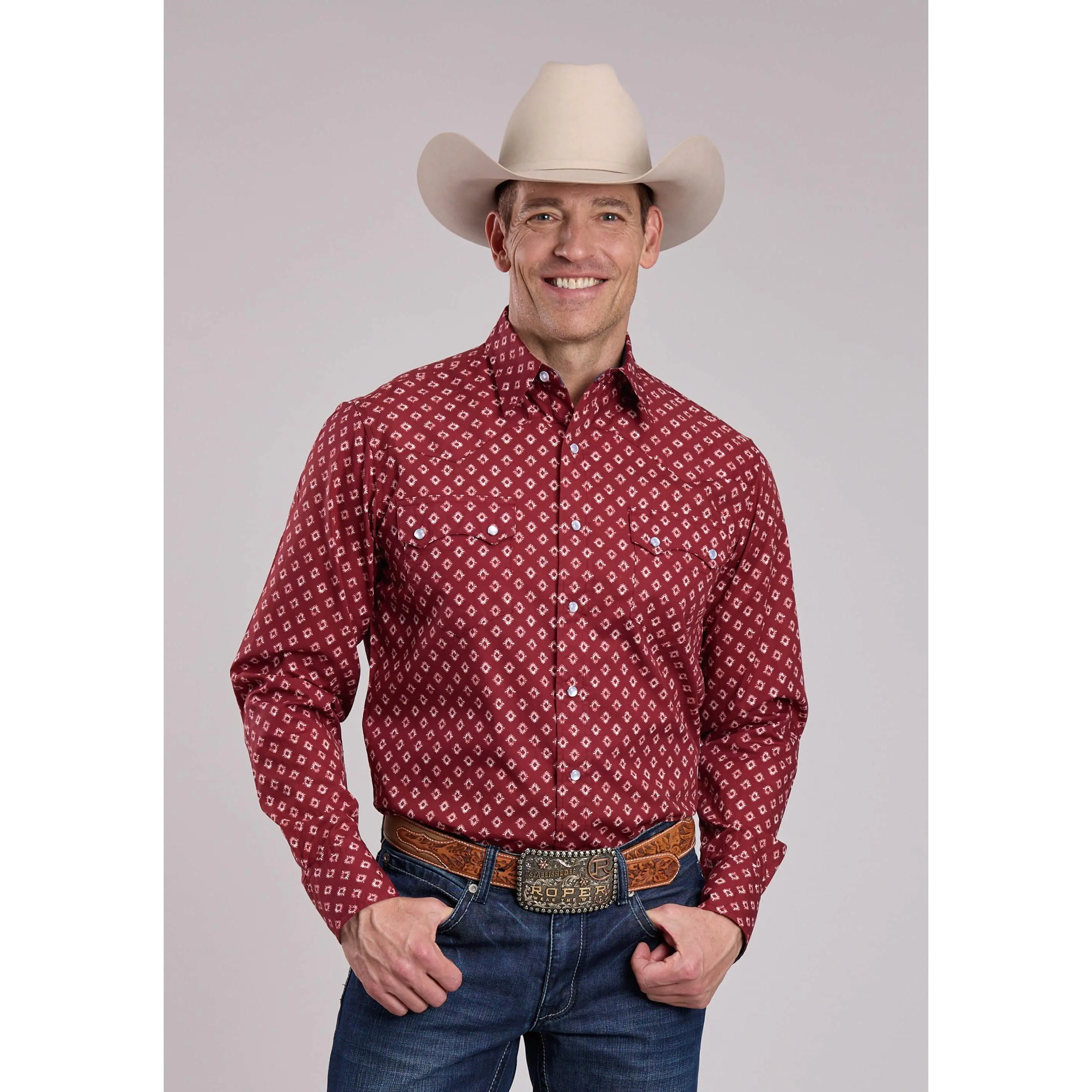 Mens Roper Distressed Aztec Tile Print Long Sleeve Snap Shirt