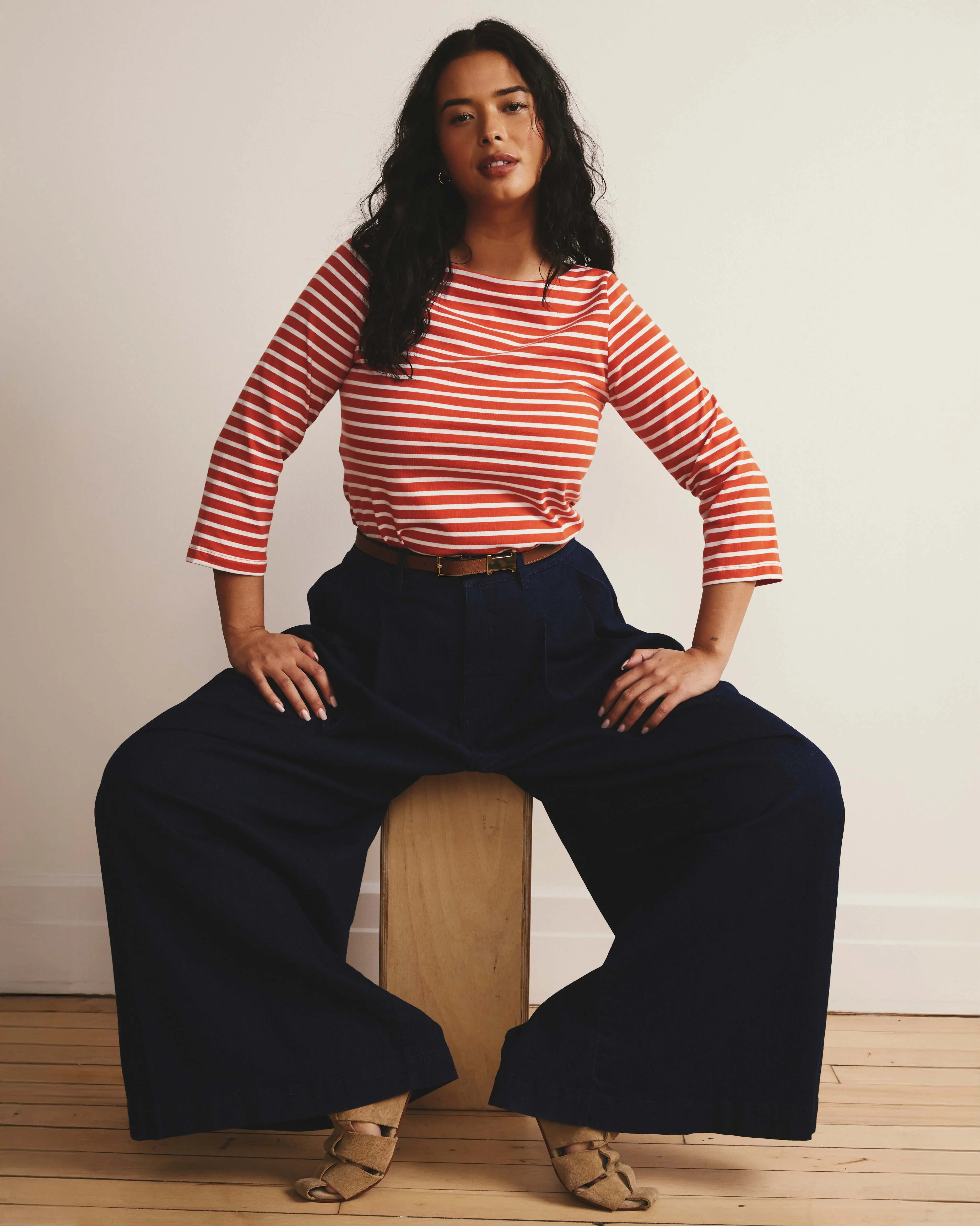 Women's Casual Soft Knit T-shirt Top, Classic Breton Stripe Print with Boat Neck and 3/4 Sleeves in Coral & White, Yarn Dyed, Three Quarters