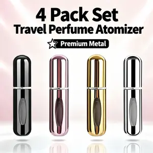 Set of 4 portable 5ml aluminum spray refill bottles, reusable and refillable. Perfect for daily refills of perfume, toner, skincare essence, and facial mist, and easy to carry. Specially designed for beauty-loving women, travelers, and makeup enthusiasts