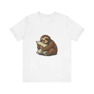 Men's sleepy sloth Graphic T-Shirt - Short Sleeve Crew Neck Regular Fit Casual Wear | Soft & Breathable Fabric, Durable Print, Everyday Comfort, Machine Washable, retro 90s cartoon illustration a cozy, relaxed moment with a sloth hugging a pillow