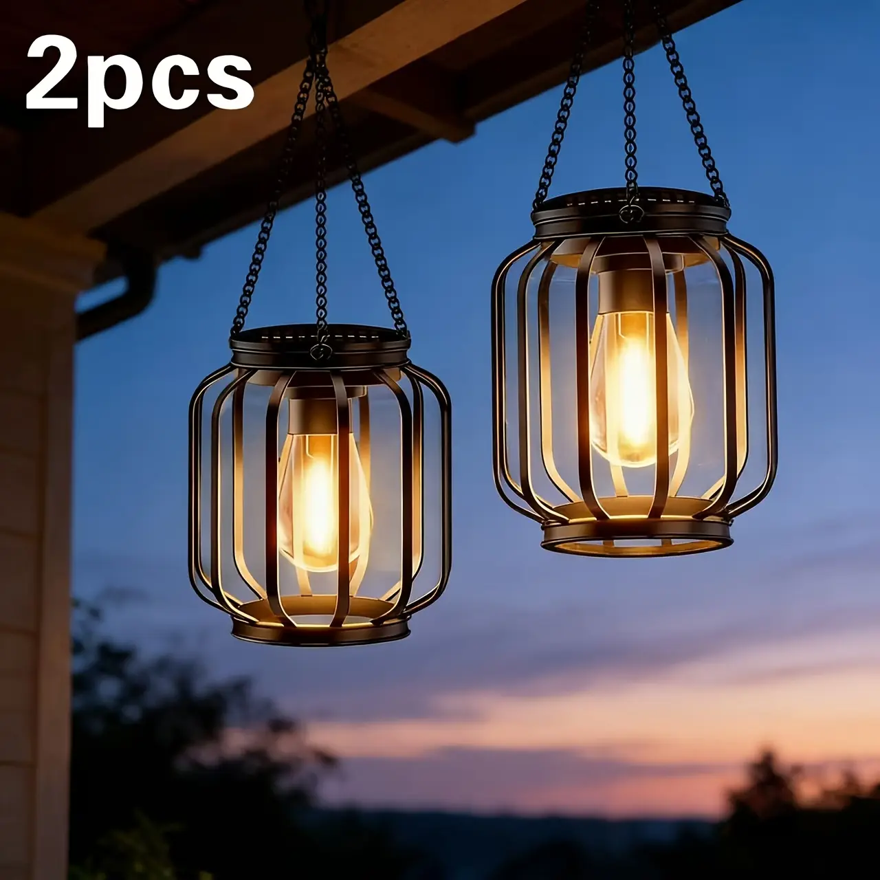 2-Pack Traditional Solar Lanterns - Outdoor Warm Light Projection Night Lights, Water Resistant for Patio & All-Season Outdoor Spaces
