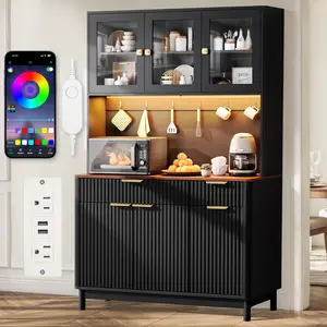 【SHIPS IN 2 BOXES】71'' Fluted Kitchen Pantry Cabinet with Power Outlet & LED Light, Food Kitchen Hutch with Countertop, Wood Pantry Storage Cabinet with a Drawer & Shelves for Living Room, Dining Room, Black