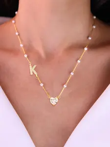 1Pcs Initial Heart Pendant Necklace Women Fashion Simple Bead Chain Heart Design Necklace For Women, Jewelry Gift