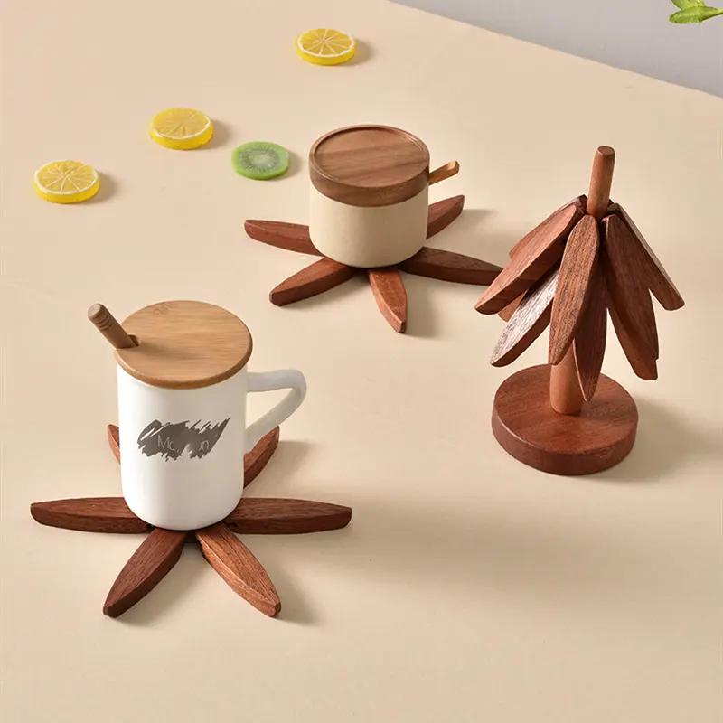 7.8 In Bamboo Tree-Shape Trivet Set - 4-Piece Durable Foldable Tableware Trivets with Stand, Eco-Friendly Heat-Resistant Irregular Solid No-Frill Modern Kitchen Coasters for Hot Dishes, Decorative Home Organizer Storage Rack, Birthday Gift Idea