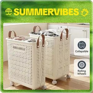 15.8/20 Gallon Large Capacity Collapsible Laundry Basket with Wheels Uncovered Faux Leather Solid Color Multi-functional Portable for Bathroom Balcony Storage,summervibes