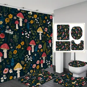 Autumn Plant Floral Mushroom Print Shower Curtain Set, Includes 12 Hooks, Non-Slip Mat, U-Shaped Floor Mat, Bathroom Accessories, Decoration