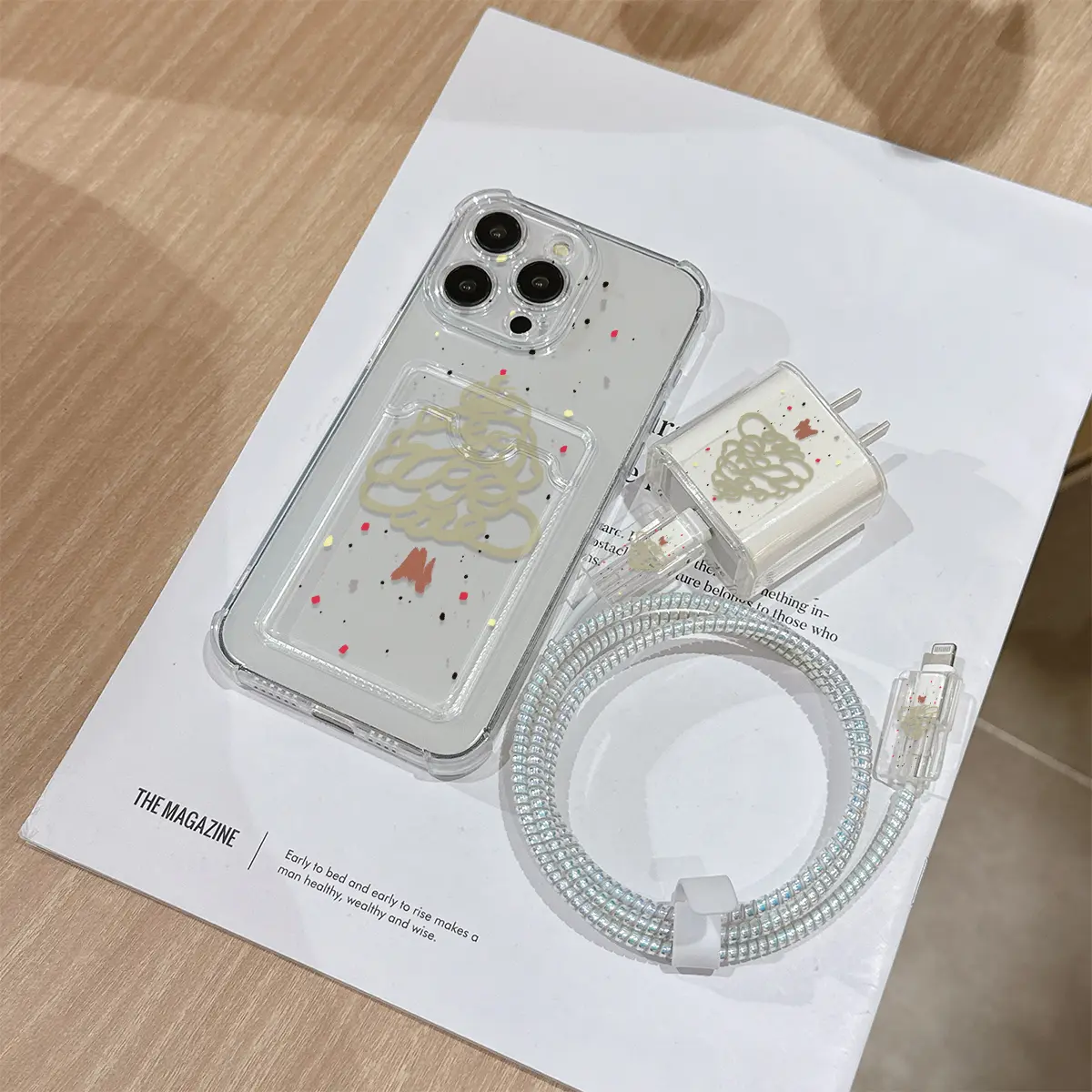 6 Piece Set Transparent Christmas Tree Phone Case, Charger Head Cover, Cable Protector, Storage Rope, Data Line Protection, iPhone 6-17 Pro Max