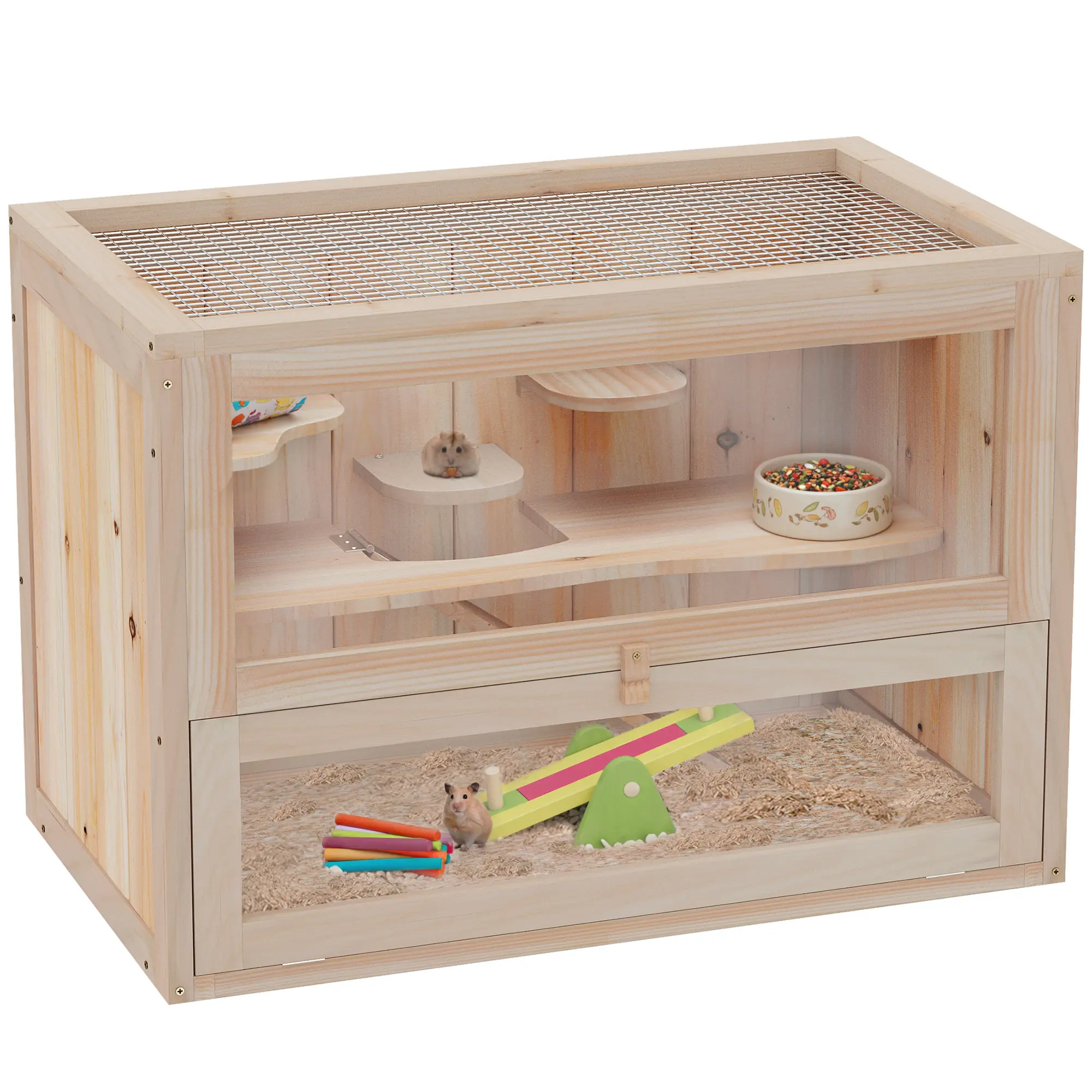 2-Level Wooden Hamster Cage – Openable Top & Front Door. Fir Wood, Weather-Resistant. Ramp, Platforms & Glass Front. For Syrian/Dwarf Hamsters, Mice, Gerbils. Natural