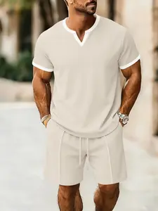 Men's Business Casual Sport Solid Color V-Neck Short Sleeve Shorts Set, Summer Fashion, Comfortable & Stylish