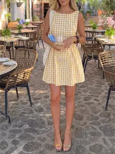 Yellow White Gingham Mini Dress Sleeveless A-Line Checkered Summer Sundress