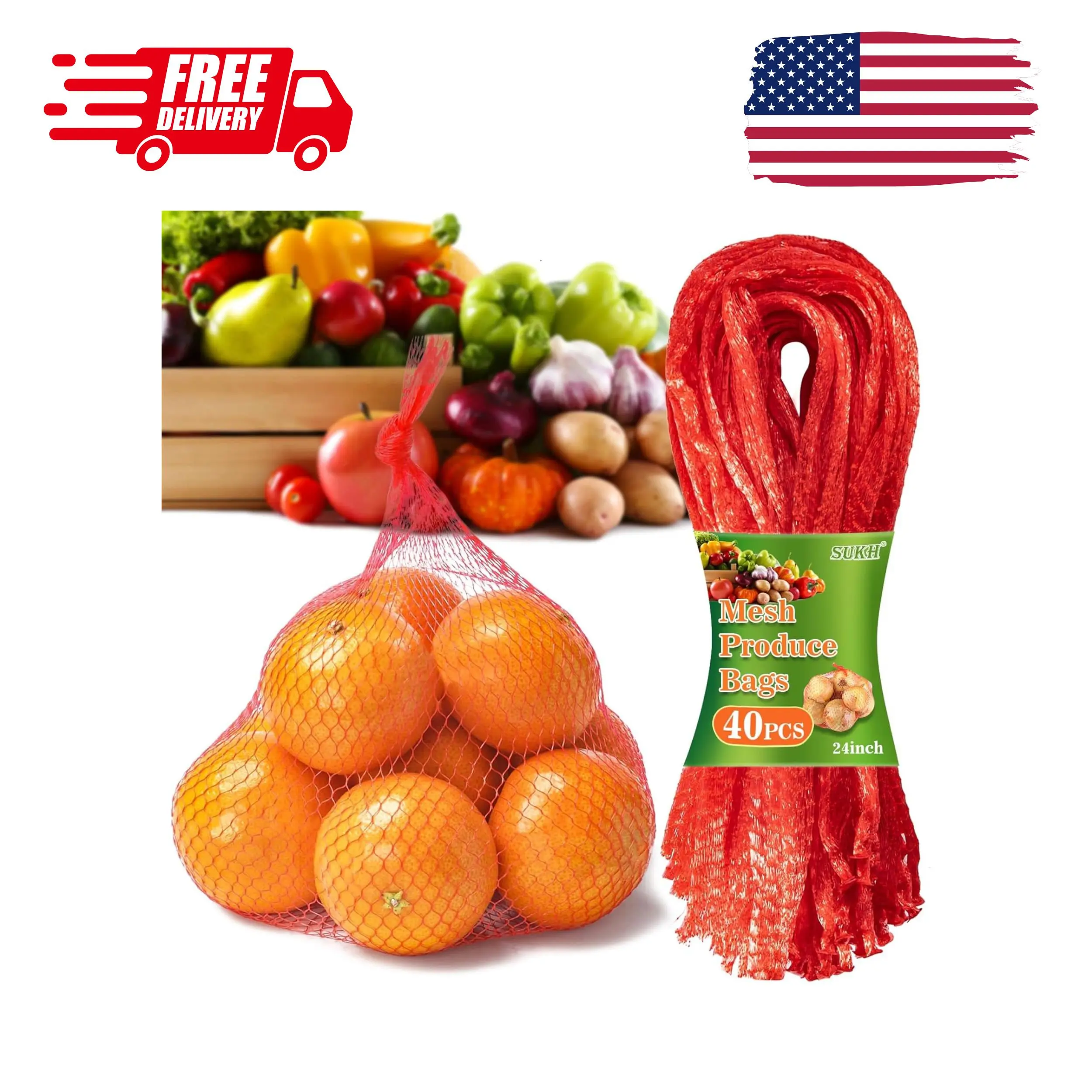 90PCS Mesh Produce Bags - 24Inch Vegetable Storage Net Bags Red