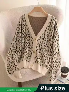 Plus Size Sweater Cardigan for Women, Casual Loose-Fitting Leopard Knitwear, Fall & Winter Fashion, Long Sleeve Drop Shoulder Design, Knitting