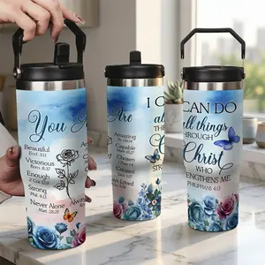 Inspirational Gifts for Women Bible Verse Tumbler Skinny Travel Mug with Lids and Straws, Religious Christian Gifts Floral Butterfly I Can Do All Things Through Christ Coffee Cup