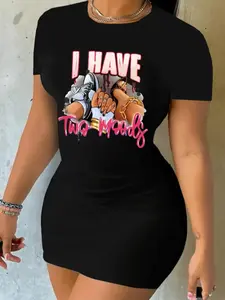 Women's Cartoon Print Round Neck Bodycon Dress, Fashion Casual Crew Neck Short Dress for Casual Everyday Wear, Ladies Clothes for All Seasons