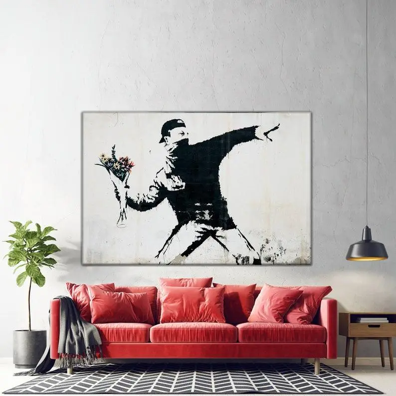 Banksy Flower Thrower Canvas  poster: Urban Street Art Decor