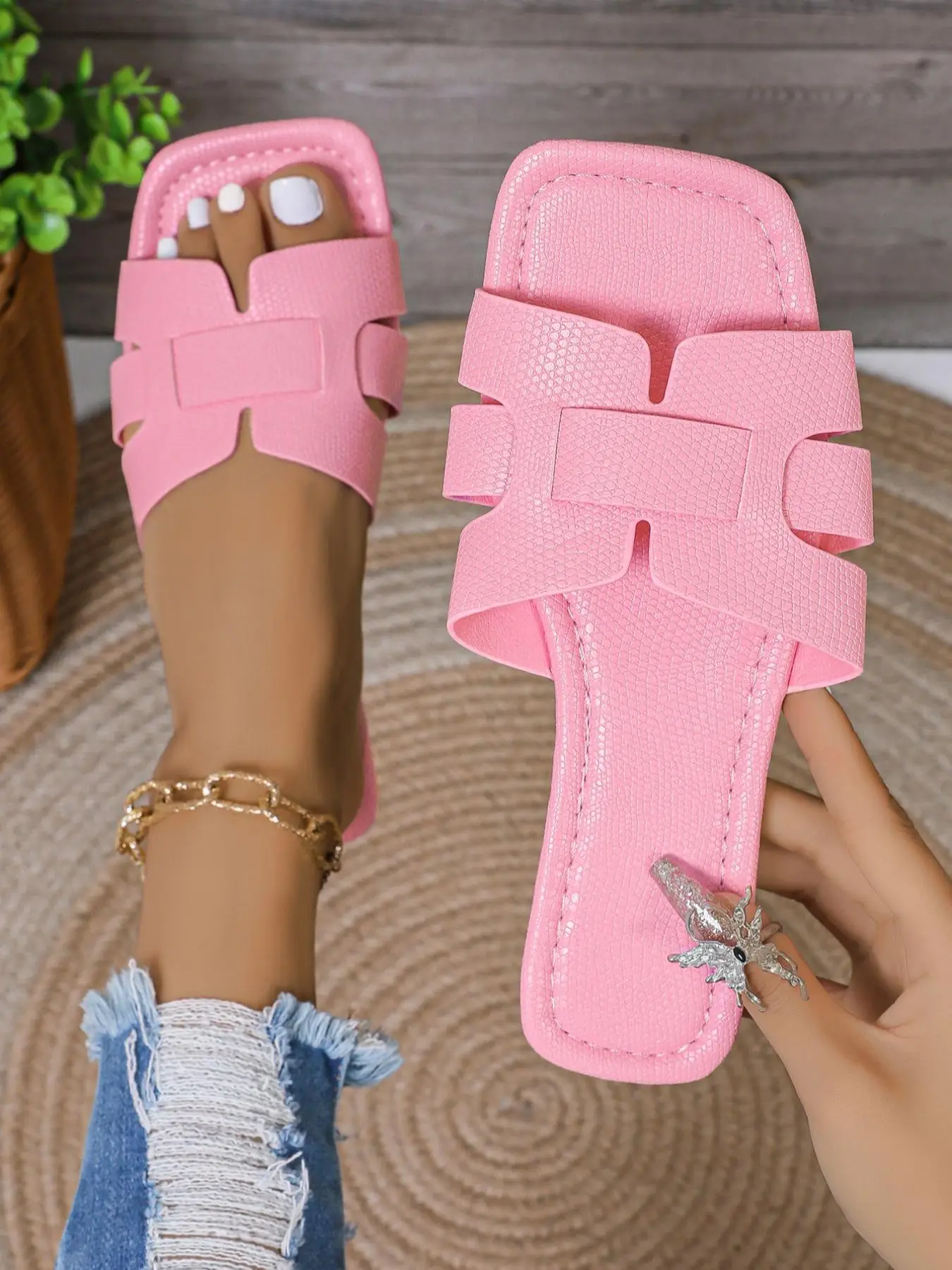 Women's Fashionable Plain Color Slip on Flat Sandals, Legit Sandals, Flat Sandal Shoes, Casual Comfortable Square Toe Slide Sandals for Summer, Lightw
