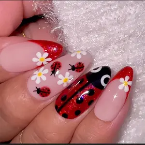 Ladybug & Flower Pattern Fake Nails with Nail File & Tape, 24pcs Removable Press-on Nails for Nail Art, Cute Stick on Nails Kit, Nail Art Set, Nail Design Kit for Women & Girls, Nail Art Kits