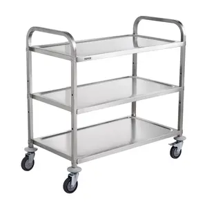 VEVOR Kitchen Utility Cart, 3 Tiers, Wire Rolling Cart with 450LBS Capacity, Steel Service Cart on Wheels, Metal Storage Trolley with 80mm Basket Curved Handle PP Liner 6 Hooks, for Indoor and Outdoor