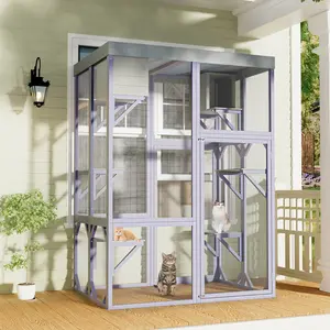 51.2" Outdoor Wooden Catio Multi-functional Cat Enclosure, 4 Platforms & 2 Napping Houses, 2 Strong Locks, Rounded Corner Design, Indoor Spacious Cage for Cats to Play Rest cat  catio Large Walk-In Cat House Plush Tree with Green Leaves Waterproof Super L