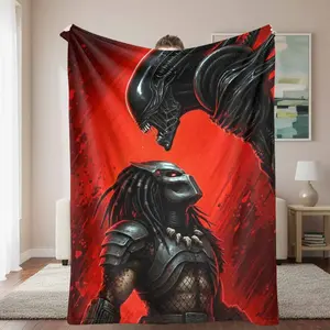 Alien Warrior and Predator Battle Flannel Blanket Sci Fi Art Print Design Soft Warm Lightweight Durable Cozy Home Decor Throw Perfect for Bedroom Living Room Sofa Office Gift Movie Night