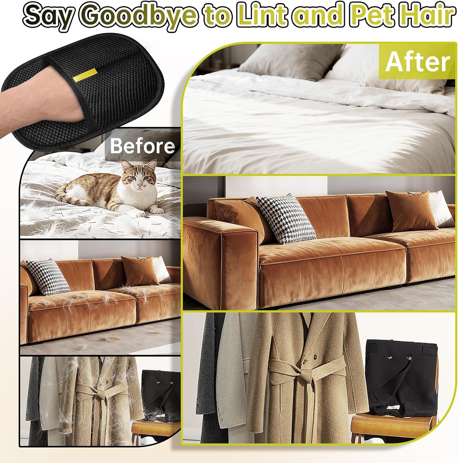 Static pet hair removal glove brush, reusable cat and dog static hair removal device beauty glove brush tool, suitable for sofas, clothes, carpets, curtains (black -2 pieces)