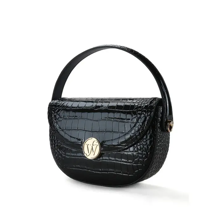 Zuri Black Top Tier Patent Leather Crocodile Embossed Bag with Rotating Handle Clutch & Removable Strap