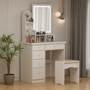 FUFU&GAGA LED Makeup Vanity Set with Drawer and Shelf, Wood Dressing Table with Lighted Screen Mirror and Jewelry Organizer for Bedroom,