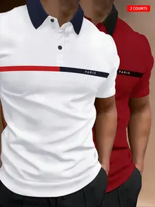 Men's Colorblock Patchwork Letter Polo Shirt, Casual Golf Polo, Regular Fit Casual Short Sleeve Top for Summer, Men's Clothes for Daily Wear, Tropical