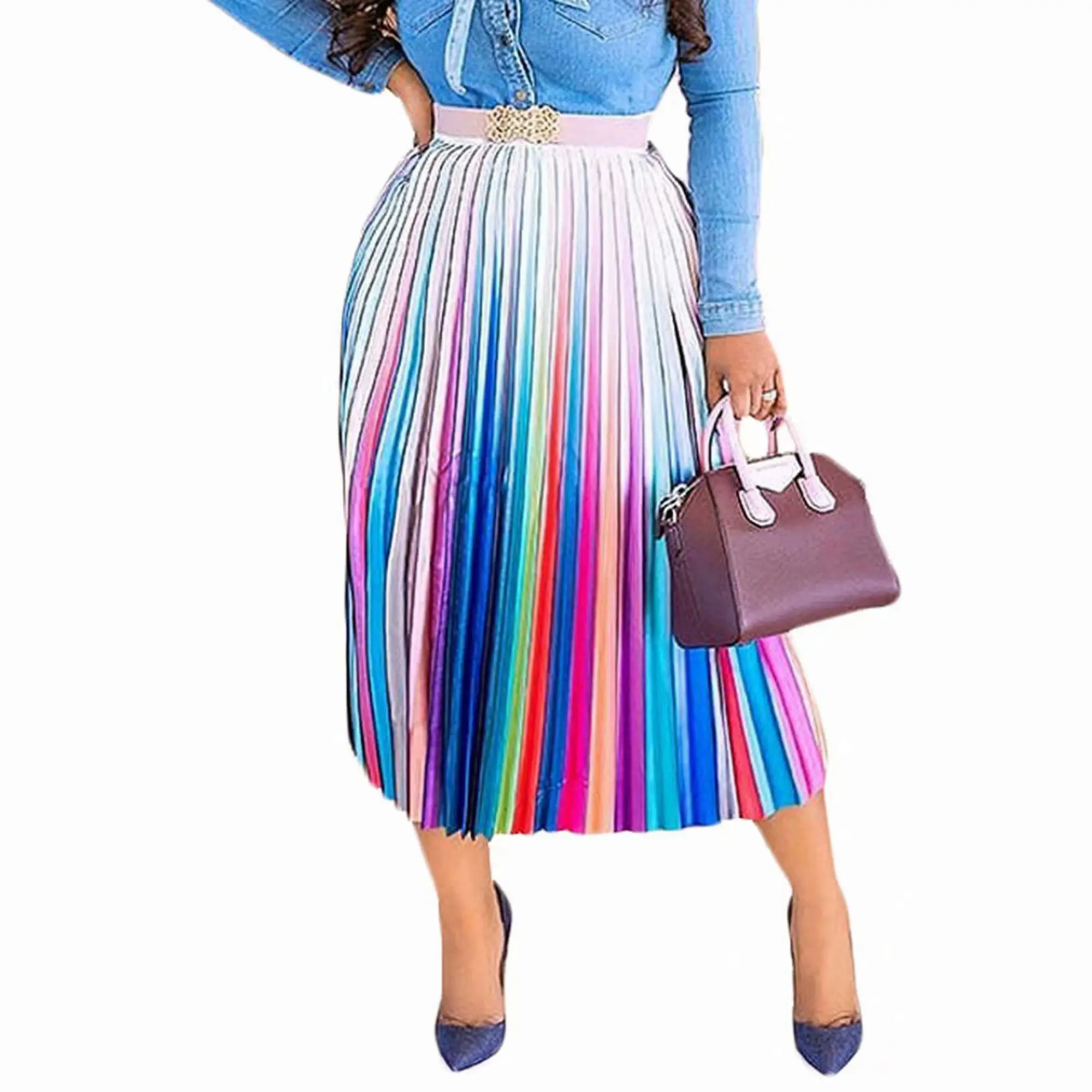 Acelyn Skirt Women's Graffiti Pleated Skirts Gradient Printed Elastic Waist A-Line Swing Midi Skirt