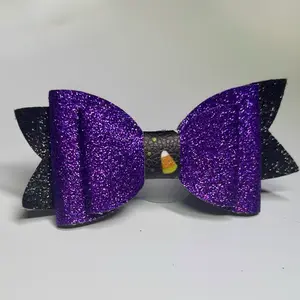 Ruby Bowtique Halloween Black and Purple Glitter Faux Leather Bow with Candy Corn Design for Festive Outfits