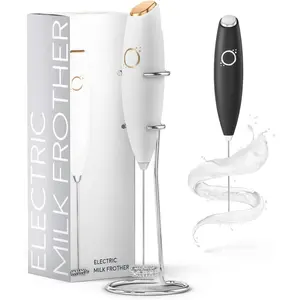 Milk Frother White - Coffee Frother Handheld with Electric Whisk - 19000 rpm - Book Recipes and Stainless Steel Stand Included - Hand Mixer Electric (White and )