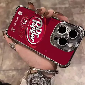 Dr Pepper Lover Strawberry Soft Drink Retro Style Aesthetics Electroplated TPU Casing For iphone 16 15 14 13 12 11 X XS PRO PLUS MAX Four Corners Anti-Fall Soft Silicone Gift Anti-Drop Protective Protector Phone Cases Shell Cover Smartphone Cellphone