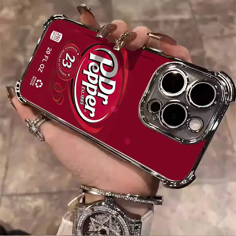 Dr Pepper Lover Strawberry Soft Drink Retro Style Aesthetics Electroplated TPU Casing For iphone 16 15 14 13 12 11 X XS PRO PLUS MAX Four Corners Anti-Fall Soft Silicone Gift Anti-Drop Protective Protector Phone Cases Shell Cover Smartphone Cellphone