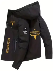 Men's TV-Inspired Hooded Jacket with Logo Print, Full Zip Design, Durable Polyester Fiber, Western Style, Casual Fashion Jacket, Casual Outdoor Wear (spring/fall)