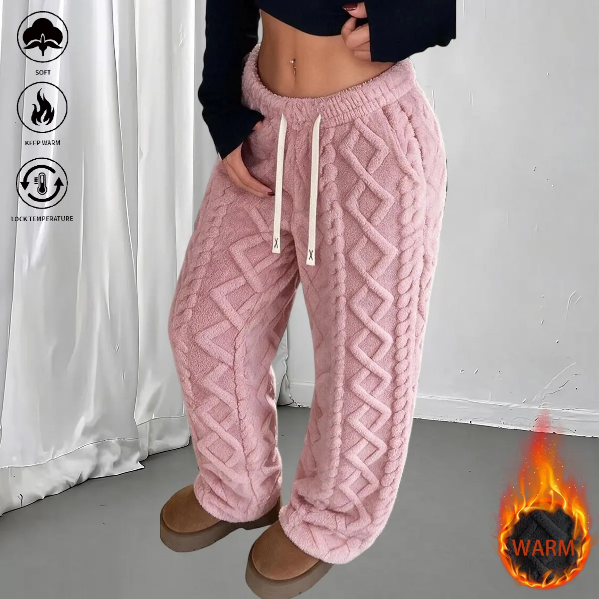 Women’s Thick Fleece Pants, Winter Warm Fleece-Lined Straight-Leg Pants with Diamond Herringbone Jacquard Fabric, Drawstring Waist, Suitable for Indoor & Outdoor Leisure,sohochic