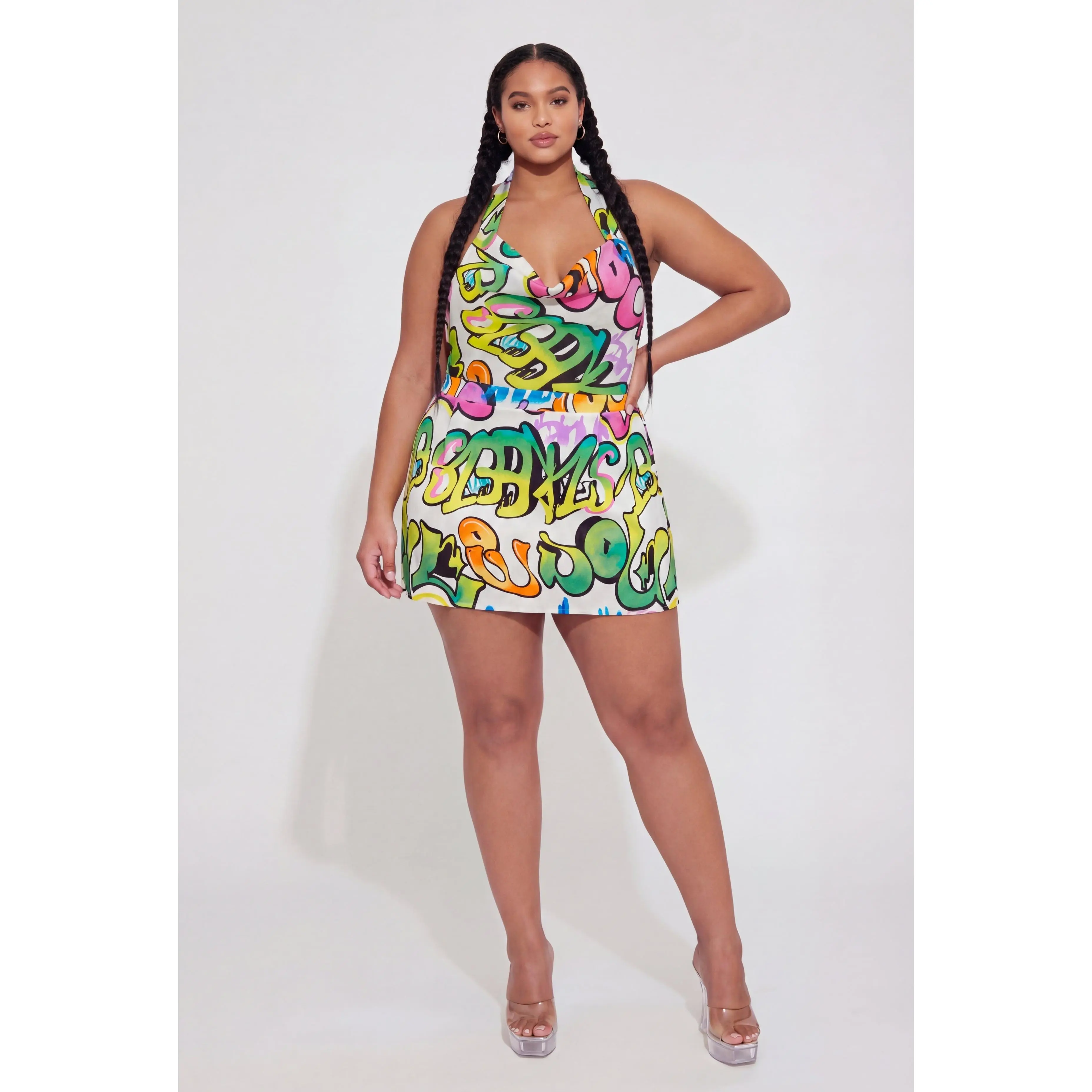 Plus Size Satin Graffiti Print Skirt with Shorts Lining