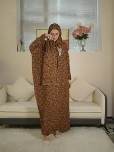 Arabic Clothing-ditsy Floral Print Bishop Sleeve Hooded Tunic Dress with Scarf, Casual Modest Long Sleeve Dress for Muslim Women, Vintage Women's Clothing for All Seasons