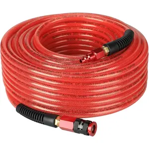 Heavy Duty Reinforced Polyurethane Air Hose 1/4 in x 100 ft, Lightweight, Flexible Compressor Hose with Universal Quick Coupler, Plug and Bend Restrictors, Red
