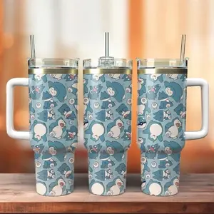 Cute Sleepy Monster 40oz Tumbler With Handle, Kawaii Cartoon Pattern Travel Mug, Stainless Steel Cup With Straw For Fans Open For Sale!
