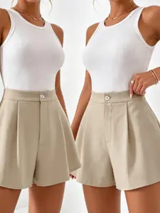 Elegant Button Pocket Shorts, Loose Fit Casual Commuter Short Pants, Solid Color Design, Comfortable and Stylish, Perfect for Daily Wear