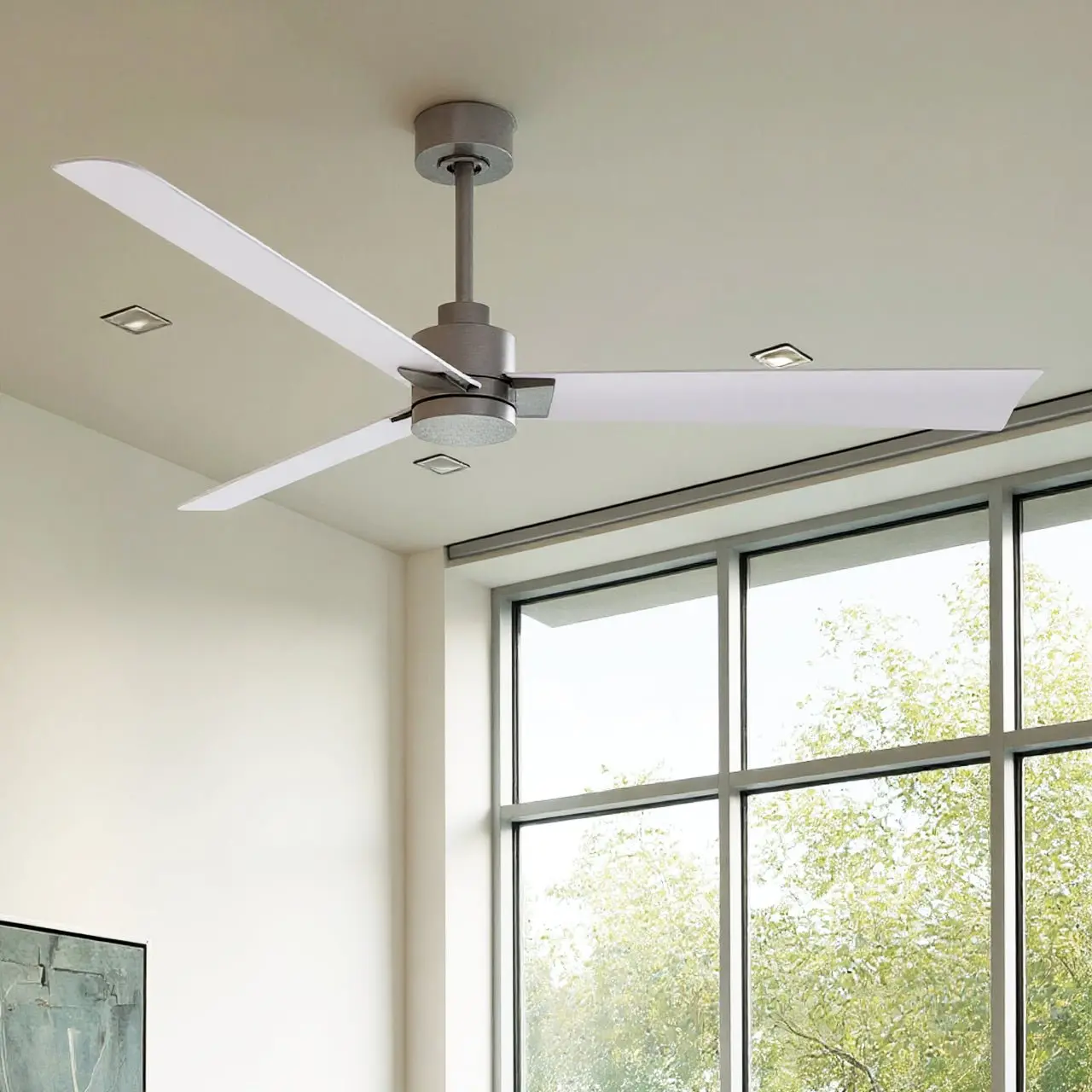 UMC9022 Scandinavian Indoor/Outdoor Ceiling Fan, 8" (Plus Downrod) H x 56" W x 56" D, Brushed Nickel Finish, Drifthelm Collection