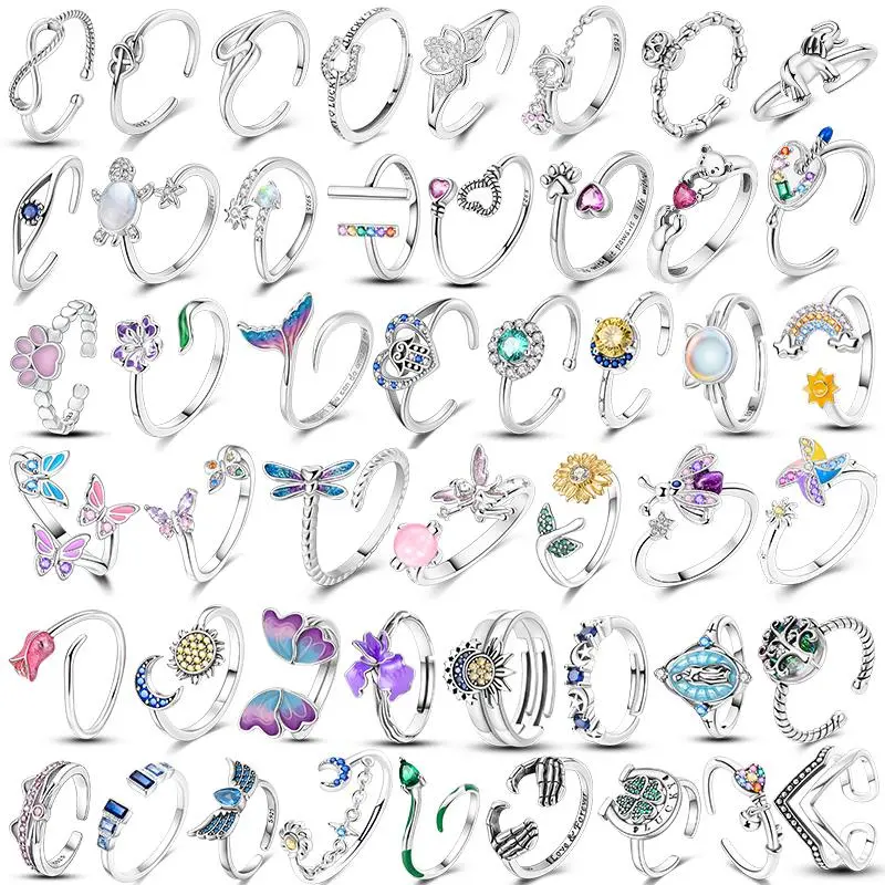 Butterfly Adjustable Ring 925 Sterling Silver Original Clover Flower Dragonfly Free Size Open Rings For Women Finger Jewelry