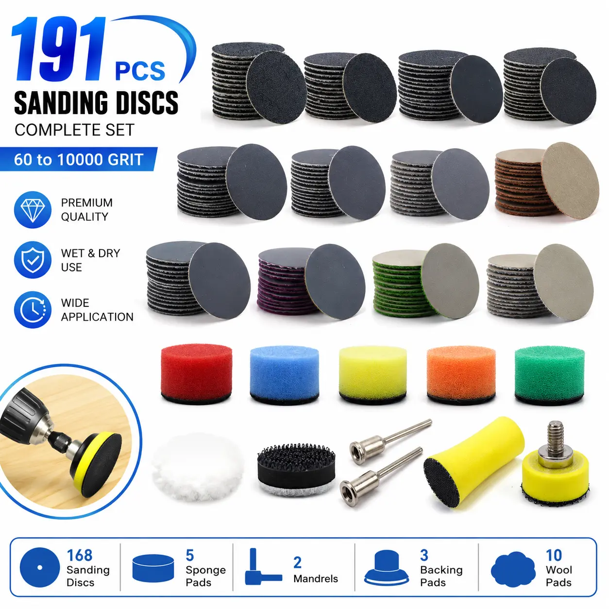 191 PCS 1 Inch Sanding Discs Hook and Loop 60 to 10000 Wet Dry Sandpaper with 1/8" Shank Backing Pad,Polishing Pads and Interface Pad for Drill Grinder Rotary Tools and Wood Metal Jewelry