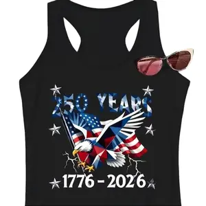 "250 Years 1776-2026" American Eagle Tank Top, Black Racerback 4th of July Sleeveless Vest, Patriotic USA Flag Graphic Casual Top, Women’s Independence Day Tank