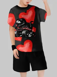 Dinosaur Lover Must-Have Baby Heart T-Shirt Set, Children Valentine's Day Streetwear, Casual Fitted Short Sleeve