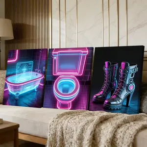 3 Counts Wooden Framed Canvas Painting, Cool Future Technology Neon Bathroom And Boots Images, Exquisite Poster, Perfect Gift, Decor For Living Room, Bedthroom, Modern Art, Fashion Family Poster, Wall Art Decoration