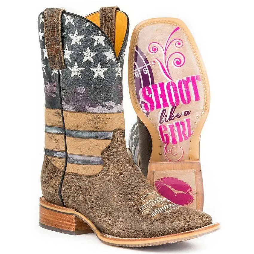 Women's Tin Haul American Woman Boots W Shoot Like A Girl Sole Handmade Brown