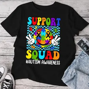 Support Squad Autism Awareness Smile Face Boys Girls Kids Shirt, Autism Shirt, Autism Mom Tee, Awareness Shirt Gift Casual Cotton Menswear