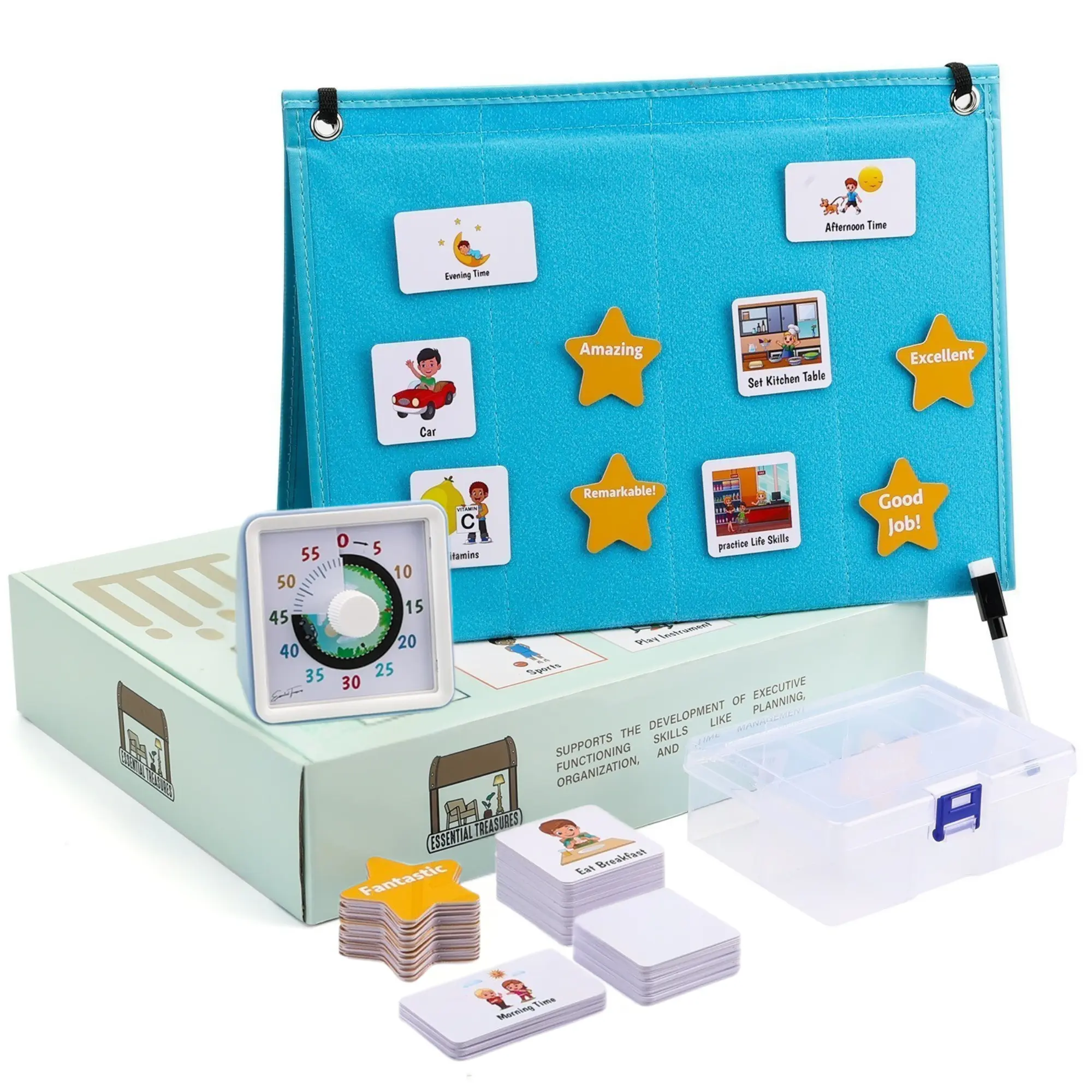 Essential Treasures Daily Visual Schedule with Timer - Complete Daily Routine Chart Set for Kids - Reward Chart & Visual Timer for Good Behavior & Independence - Responsibility Pocket Chart for Toddlers & Preschoolers - Token Board Autism ADHD