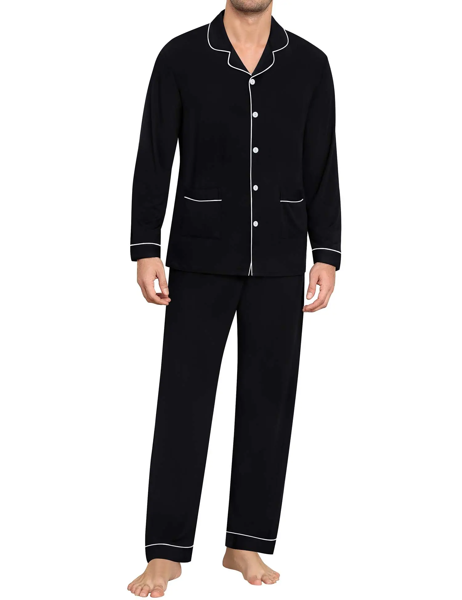 SWOMOG Men's Comfy 2-Piece Modal Pajama Set, Long Sleeve Button-Down Tops and High Waist Pants Loungewear, Birthday, Satin, Menswear, Straight